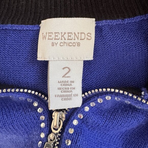 Weekends by Chico's Sweater 2 / L Blue Knit Gems Rhinestones 1/4 Zip Pullover - Picture 7 of 10